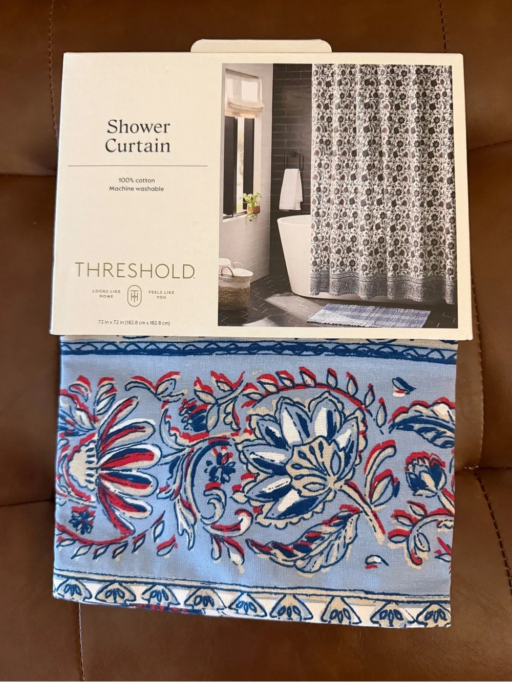 Set of 2 - Threshold Cotton Shower Curtains 72x72 Blue Floral & Quilt Prints NWT